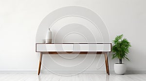 Minimalist White Console Table In Mid-century Style - 3d Render Stock Photo photo
