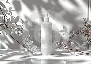 Minimalist White Cosmetic Bottle with Pump Surrounded by Elegant Floral Branches, Featuring Soft Shadows and a Clean photo