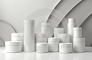 Minimalist white cylindrical containers stack on neutral background. Simple modern design for cosmetic beauty skincare products.