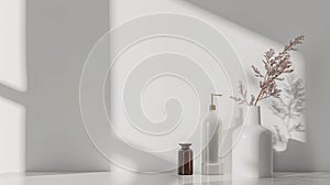 Minimalist White Dispensers and Brown Vase with Plant photo