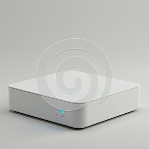 A minimalist white electronic device with a sleek, rectangular shape, smooth edges, a