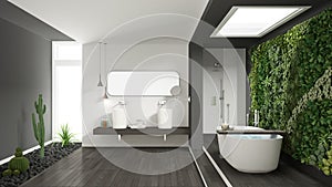 Minimalist white and gray bathroom with vertical and succulent g