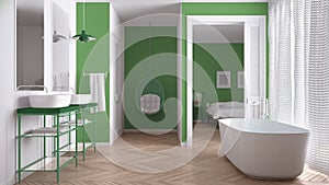 Minimalist white and green scandinavian bathroom with bedroom