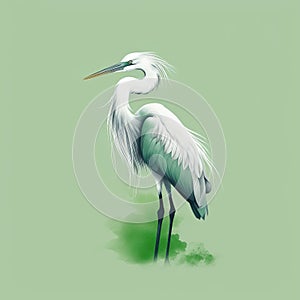 Minimalist White Heron Portrait On Green Background