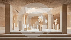 A minimalist white interior design with a large skylight and natural light.