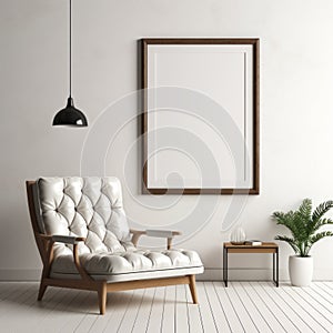 Minimalist White Living Room With Wooden Chair And Blank Picture Frame