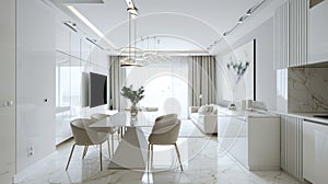 Minimalist white modern kitchen and dining interior design