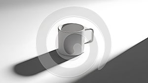 Minimalist White Mug With Strong Shadows on a White Surface