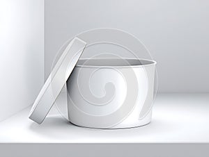 Minimalist White Open Round Container with Lid Displayed on Clean Surface for Packaging. photo