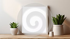 Minimalist White Picture Frame With Flattering Lighting And Plant photo