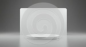 Minimalist white podium with rounded backdrop in soft gray studi photo