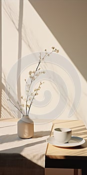 Minimalist White Pot With Flowering Branches In Sunlight