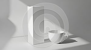Minimalist White Product Mockup: Box and Cup with Soft Shadows
