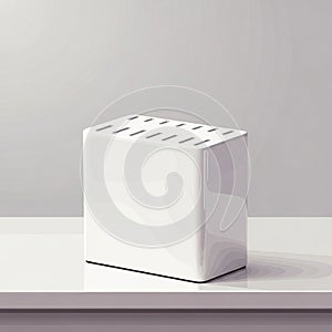 A minimalist white rectangular block sits on a glossy surface