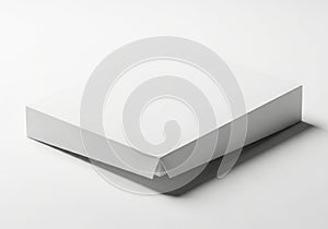 Minimalist white rectangular box design on clean white background, casting a soft shadow for elegant visual presentation