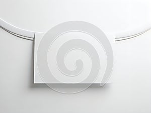 Minimalist white rectangular object suspended by two thin white wires