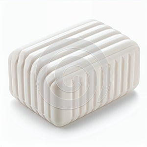 Minimalist white rectangular object with vertical grooves on a clean backdrop on white background