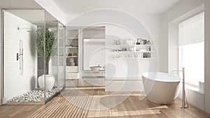 Minimalist white scandinavian bathroom with walk-in closet, classic scandinavian interior design