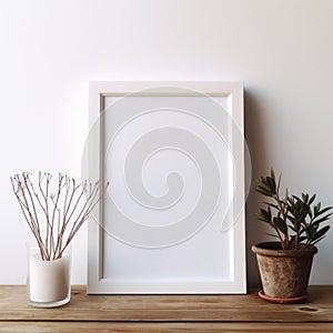 Minimalist White Square Frame With Wall Plant On Wooden Table