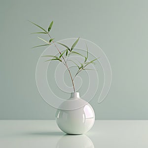 Minimalist white vase with green bamboo leaves