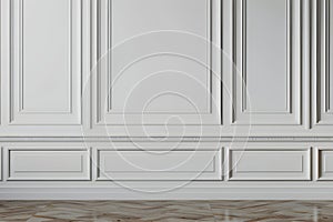 Minimalist white wall with panels and parquet floor. Empty room interior for mockups.