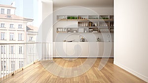 Minimalist white and wooden kitchen with parquet floor and big panoramic window. City, old town panorama in the background. Eco ho