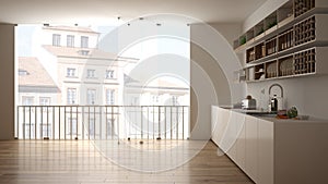 Minimalist white and wooden kitchen with parquet floor and big panoramic window. City, old town panorama in the background. Eco ho