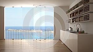 Minimalist white and wooden kitchen with parquet floor and big panoramic window. Sea ocean panorama with blue sky