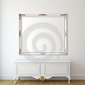 Minimalist White Wooden Painting And Ornate Chest On Wall