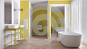 Minimalist white and yellow scandinavian bathroom with bedroom