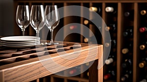 Minimalist Wine Rack On Wooden Table: Photorealistic Detail And Precisionist Lines