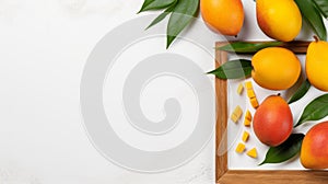 Minimalist Wood Frame With Mangoes And Leaves