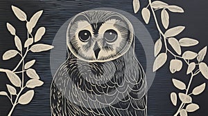 Minimalist Woodblock Print Oak Owl In Blue And Black