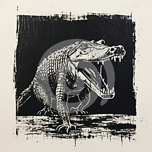 Minimalist Woodblock Print Of Open-mouthed Alligator