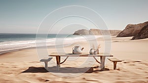 Minimalist Wooden Bench And Sand Table By The Beach