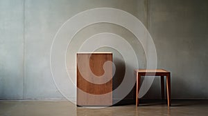 Minimalist Wooden Box Stool: Editorial Style Photograph In Brutalist Environment
