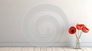 Minimalist Wooden Floor With Red Poppy In A Vase