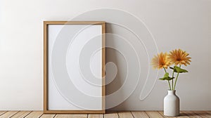 Minimalist Wooden Frame With Flowers In Vitrine - 8k Resolution