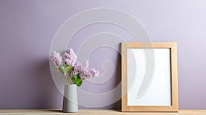 Minimalist Wooden Frame With Lilac Flower On Gray Wall