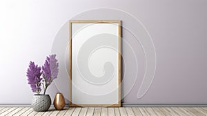 Minimalist Wooden Frame With Purple Flowers - Large Canvas Painting