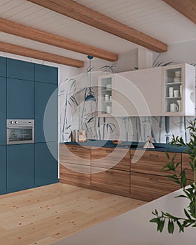 Minimalist wooden kitchen in white and blue tones. Cabinets and appliances. Parquet floor, beams ceiling and bamboo wallpaper.