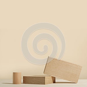 Minimalist wooden scene. Abstract minimal empty stage with rectangle podiums on beige background.