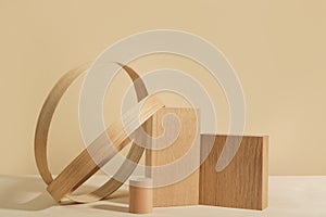 Minimalist wooden scene. Abstract minimal empty stage with rectangle podiums on beige background.