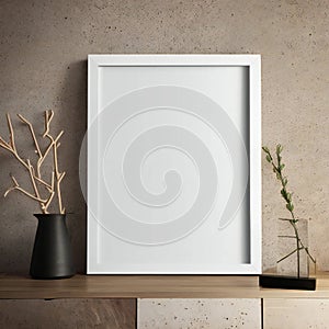 Minimalist wooden shelf with a blank white frame, black vase, and dried twigs against a textured wall