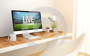 minimalist workplace with live streaming computer