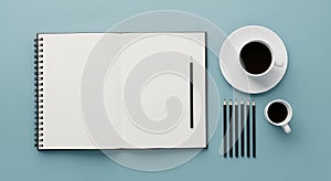 Minimalist Workspace with Blank Notebook, Pencils, and Coffee