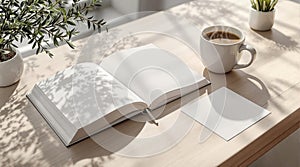 Minimalist workspace with coffee, notebook, and blank paper