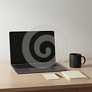 A minimalist workspace features a closed laptop with a black screen on a wooden