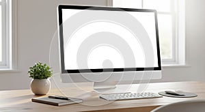 Minimalist workspace featuring computer with blank white screen and plant