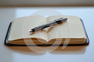 A minimalist workspace featuring desk with notebook and pen for focused writing